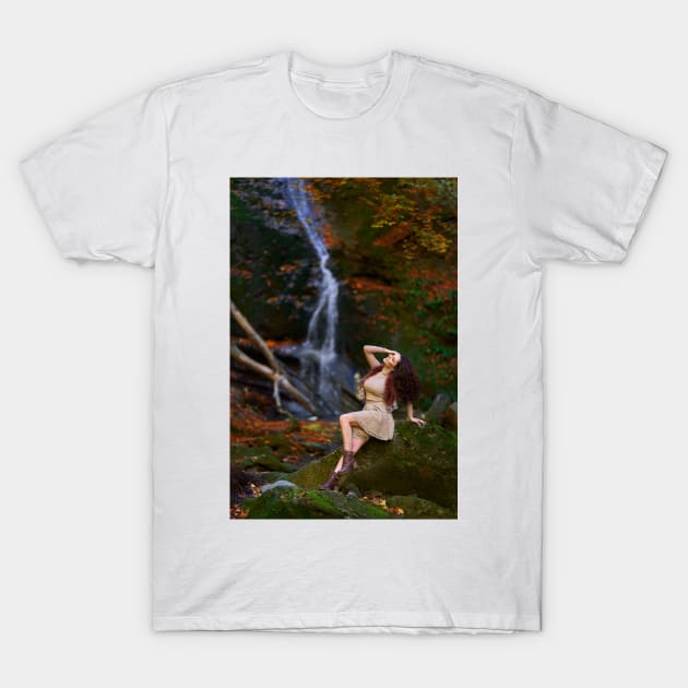 Beautiful young woman by a waterfall T-Shirt by naturalis